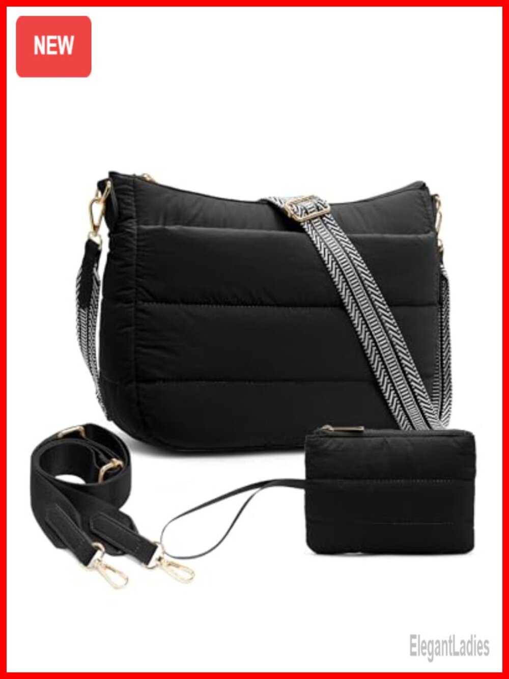 Quilted Puffer Crossbody Hobo Bag Lightweight with Dual Straps & Pouch